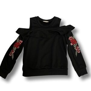 Black cold shoulder sweatshirt with flower appliqué sleeve detail Size M (10/12)